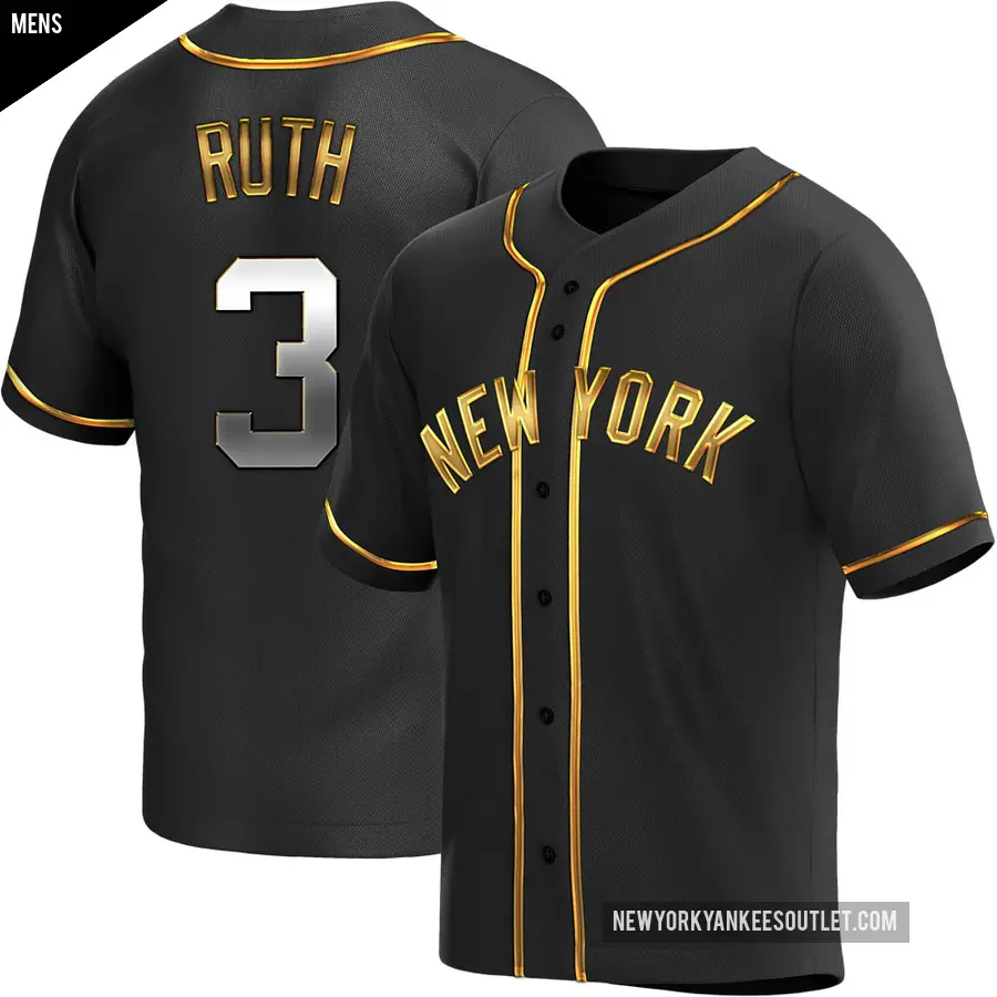 Men's New York Yankees ＃3 Babe Ruth Replica Gold Black en Alternate Jersey