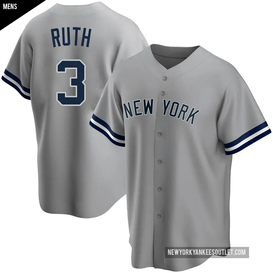 Men's New York Yankees ＃3 Babe Ruth Replica Gray Road Name Jersey