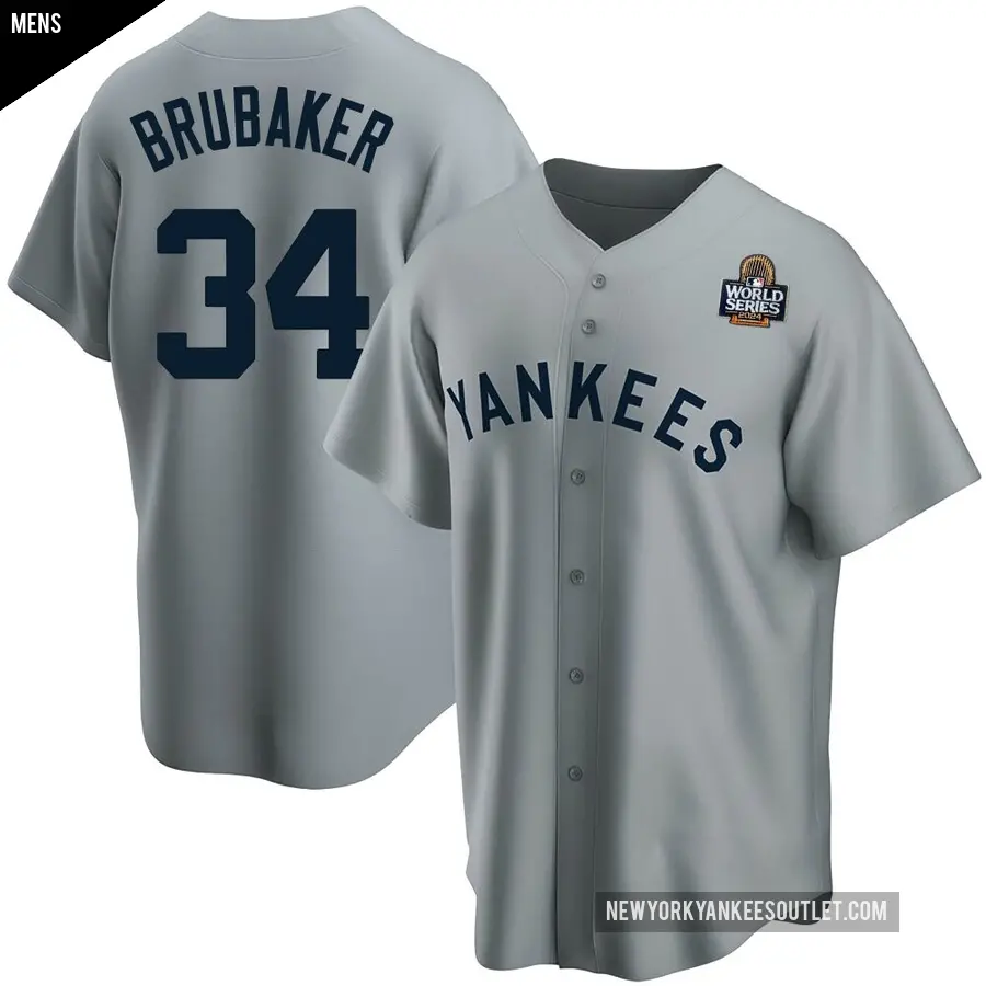 Men's New York Yankees ＃34 JT Brubaker Replica Gray Road Cooperstown Collection 2024 World Series Jersey