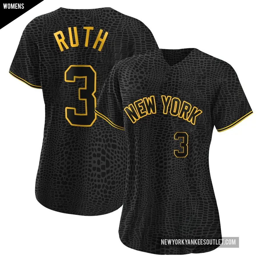 Women's New York Yankees ＃3 Babe Ruth Authentic Black Snake Skin City Jersey