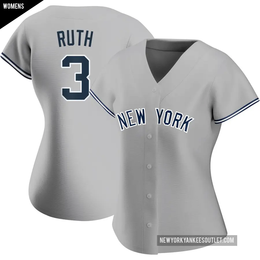 Women's New York Yankees ＃3 Babe Ruth Authentic Gray Road Name Jersey