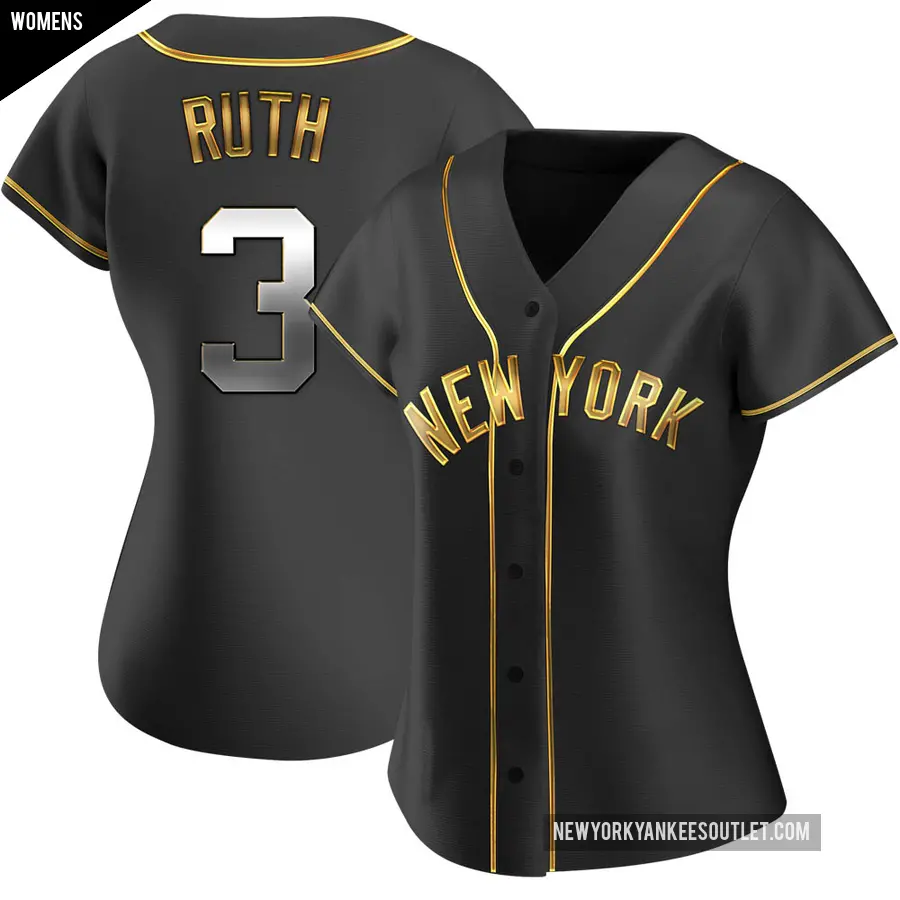 Women's New York Yankees ＃3 Babe Ruth Replica Gold Black en Alternate Jersey