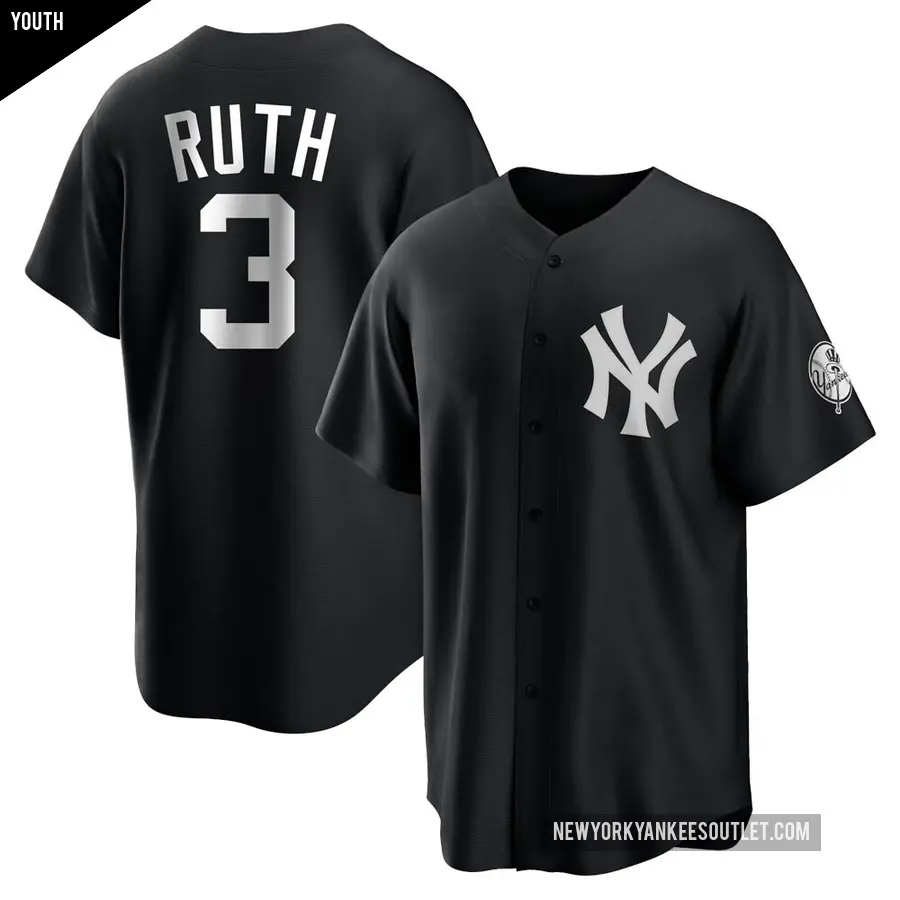 Youth New York Yankees ＃3 Babe Ruth Replica Black/White Jersey