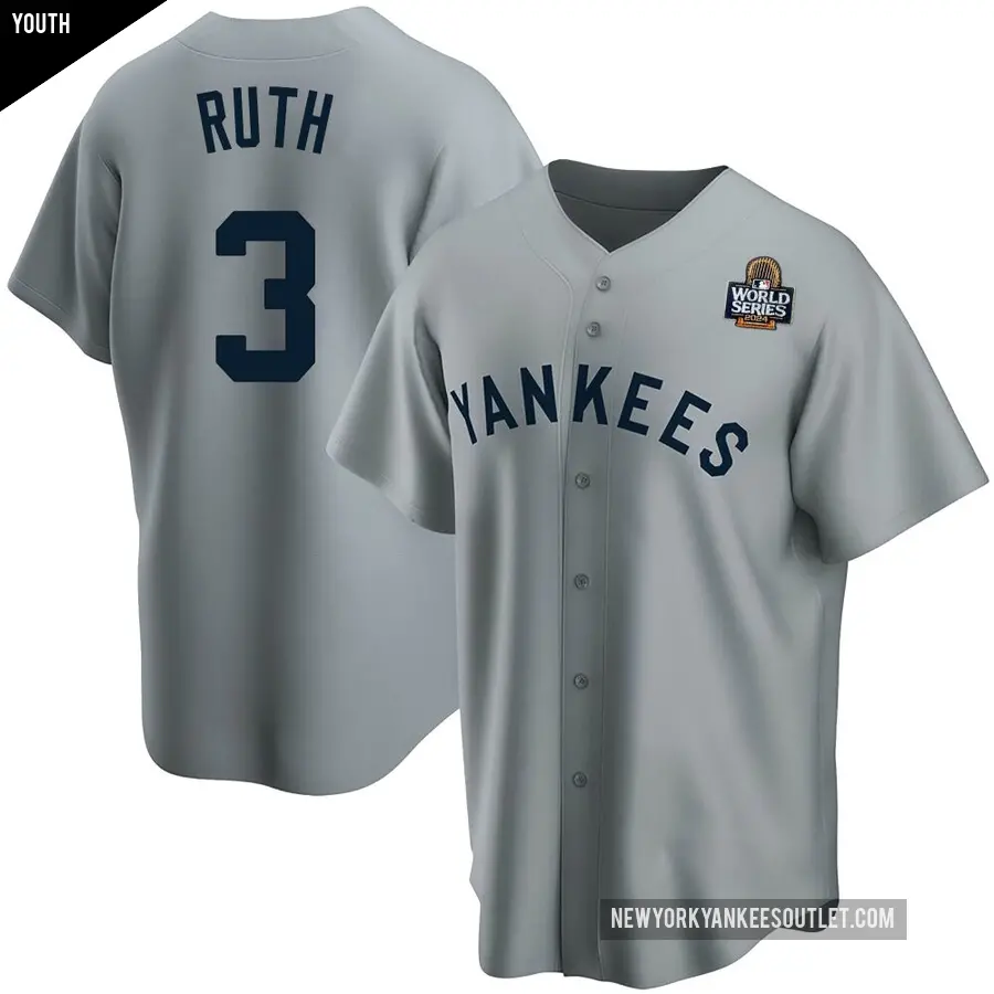 Youth New York Yankees ＃3 Babe Ruth Replica Gray Road Cooperstown Collection 2024 World Series Jersey